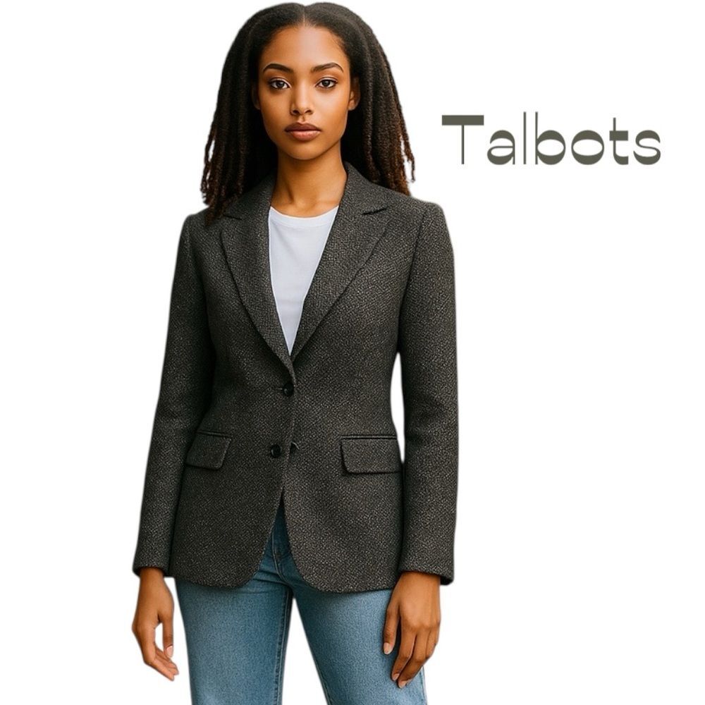 Talbots Gray Black Houndstooth Pure Wool Blazer Size 6 Academia